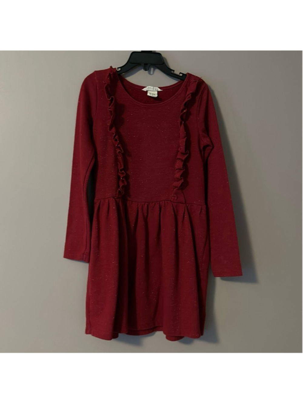 H&M Girls 6-8Y Red Burgundy Sparkly Ruffle Long Sleeve Dress Holiday